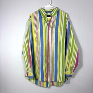 Lands' End Green & Blue Striped Men's Cotton Button Down Shirt Size Large CC0559